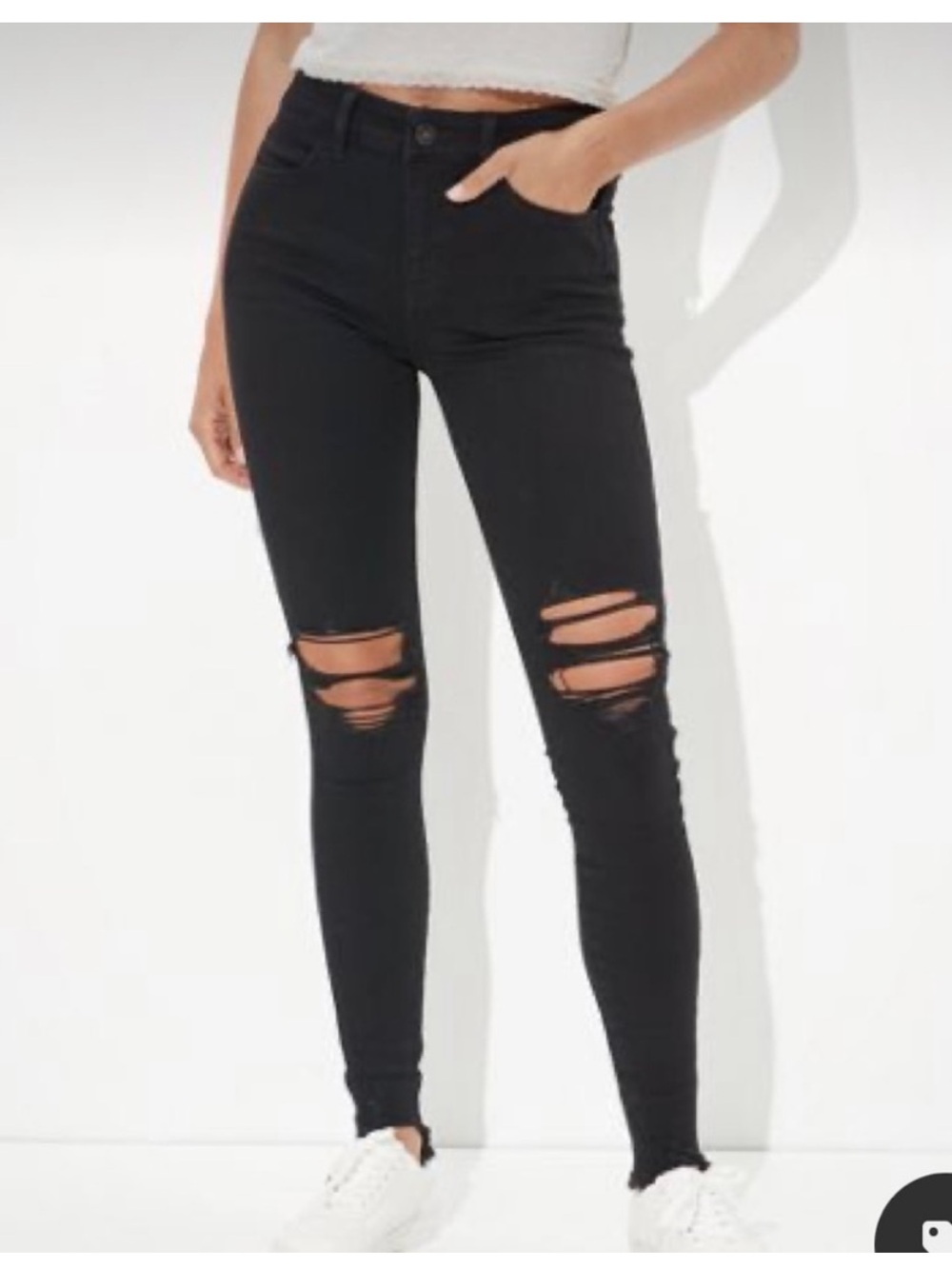 American Eagle Dream Jean Hi-Rise Jegging Distressed Raw Hem Black Skinny Jeans